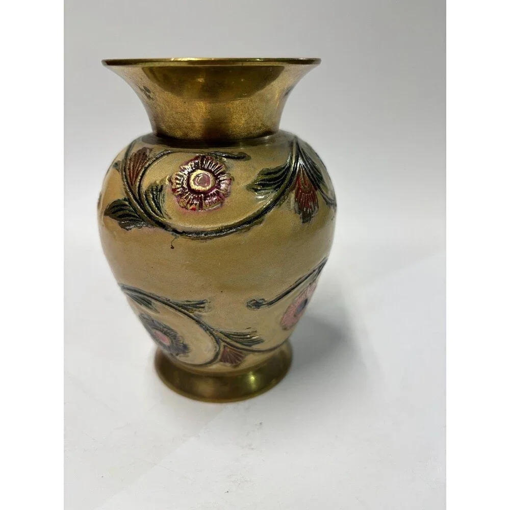 Vintage Brass Enamel Floral Vase Hand Painted India Etched Gold Tone 5